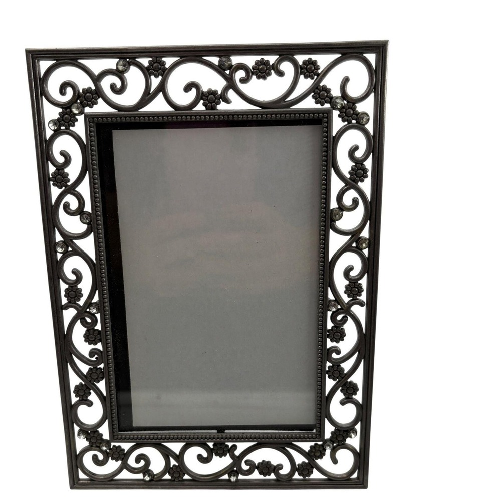Vintage Sixtrees Black Metal Filigree Picture Frame Rhinestones Floral Openwork